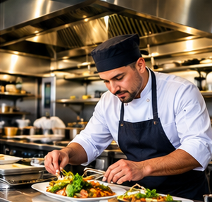 Restaurant kitchen and staff preparing food